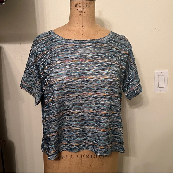 Free People Knit Blue Geometic Zig Zag Short Sleeve Cropped T-Shirt Top - Picture 1 of 7